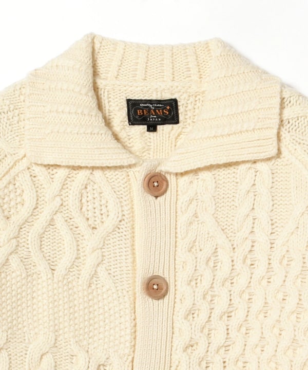 Beams Plus Aran Patchwork Cardigan, Off White