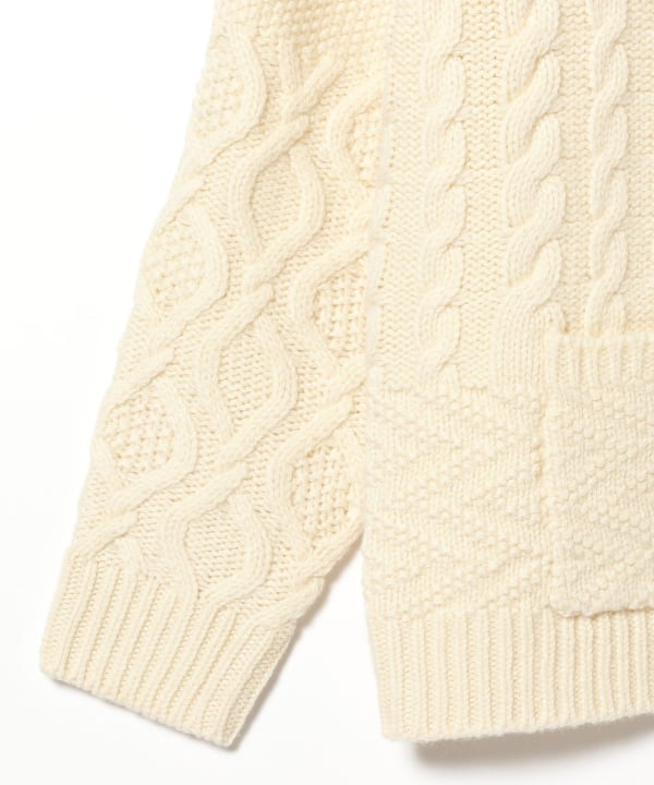 Beams Plus Aran Patchwork Cardigan, Off White