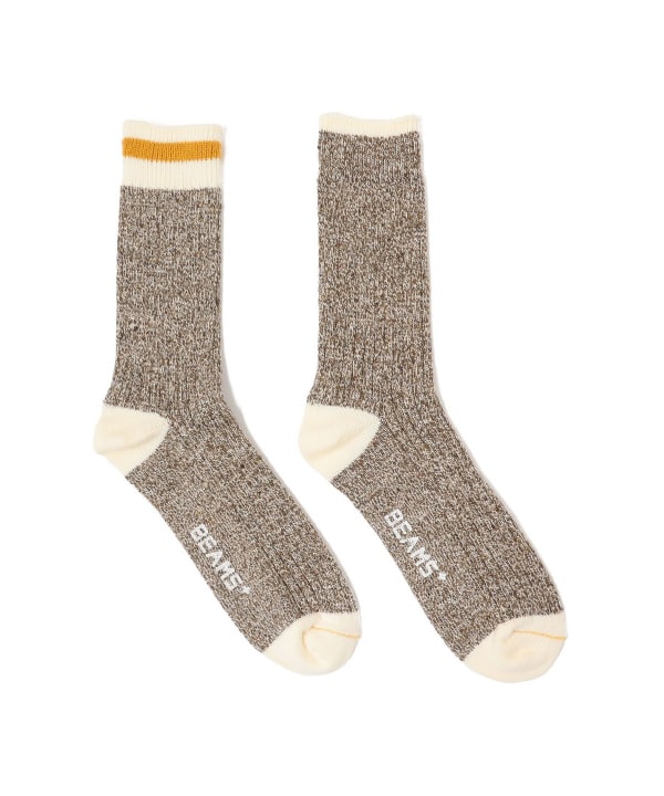 Beams Plus Rag Sock, Khaki/Yellow Line