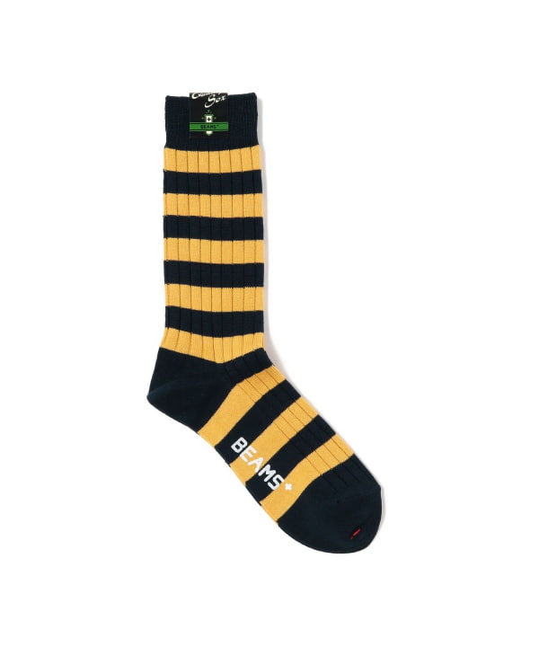 Beams Plus Ribbed Knit Striped Socks, Navy/Gold